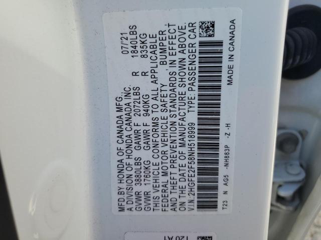 2HGFE2F58NH518999 - 2022 HONDA CIVIC SPORT თეთრი ფოტო 12