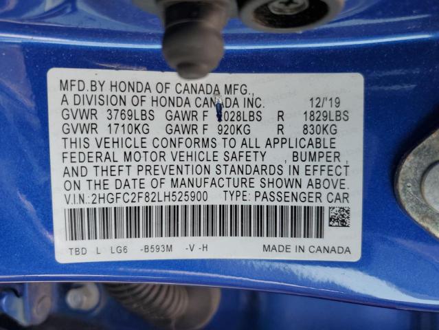 2HGFC2F82LH525900 - 2020 HONDA CIVIC SPORT BLUE photo 12