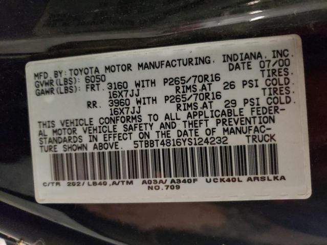 5TBBT4816YS124232 - 2000 TOYOTA TUNDRA ACCESS CAB LIMITED BLACK photo 12