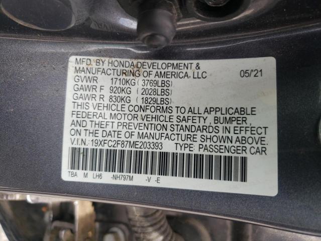 19XFC2F87ME203393 - 2021 HONDA CIVIC SPORT GRAY photo 12