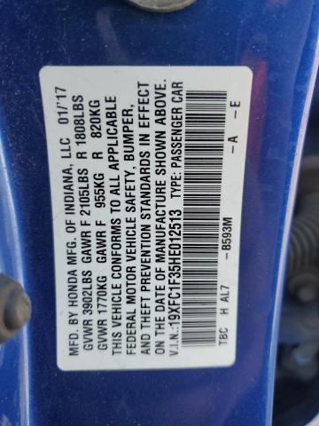 19XFC1F35HE012513 - 2017 HONDA CIVIC EX BLUE photo 13
