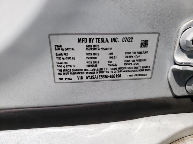 5YJSA1E53NF486196 - 2022 TESLA MODEL S Սպիտակ լուսանկար 12