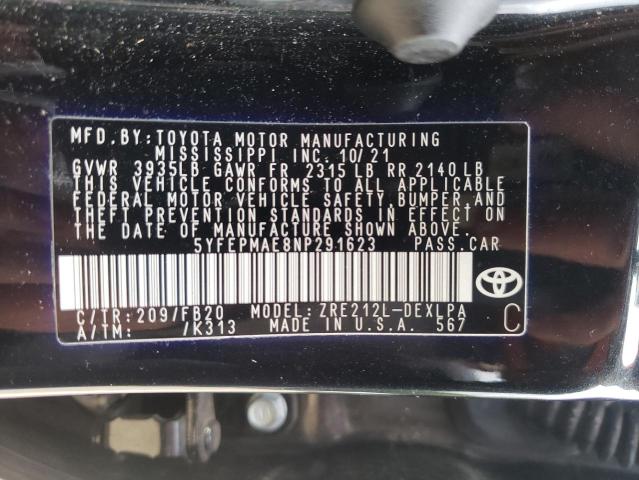 5YFEPMAE8NP291623 - 2022 TOYOTA COROLLA LE BLACK photo 12