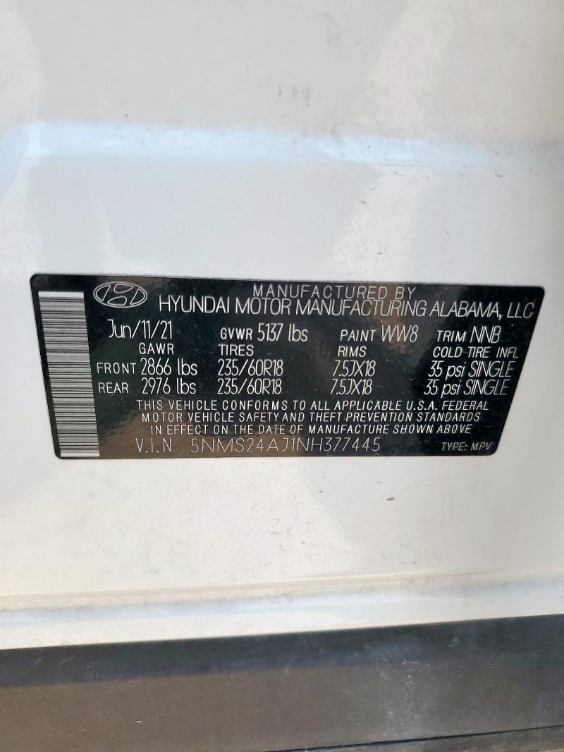 5NMS24AJ1NH377445 - 2022 HYUNDAI SANTA FE SEL WHITE photo 13
