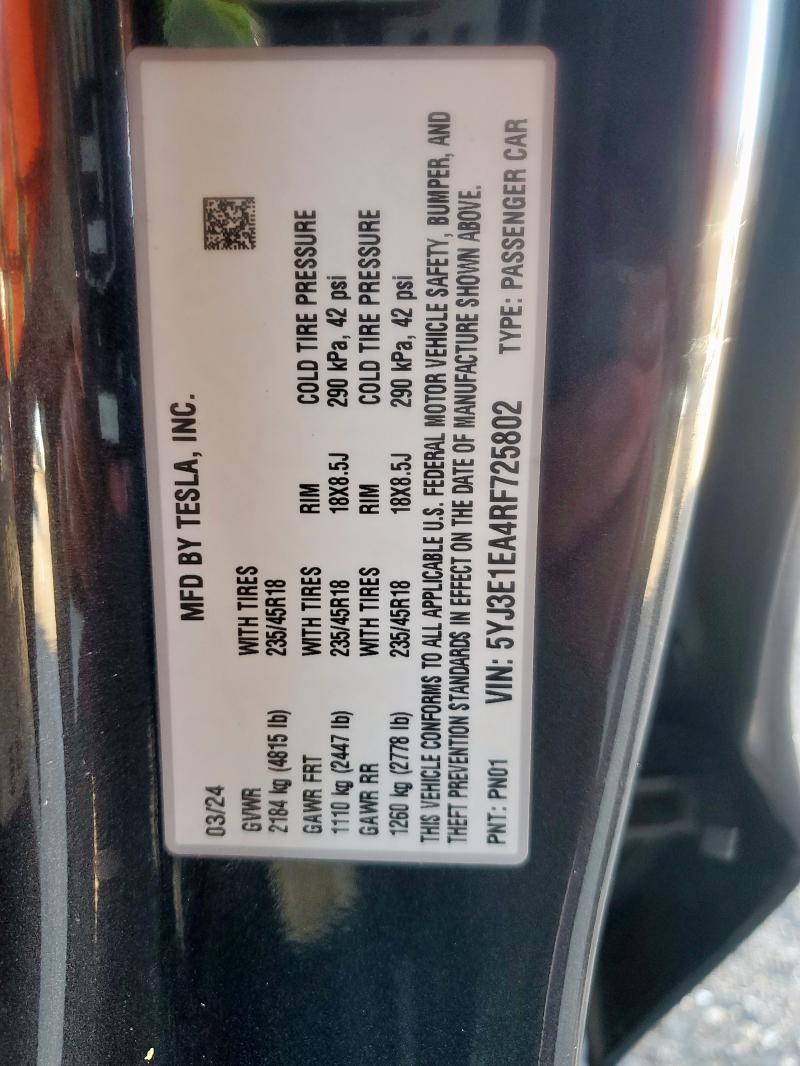 5YJ3E1EA4RF725802 - 2024 TESLA MODEL 3 შავი ფოტო 13