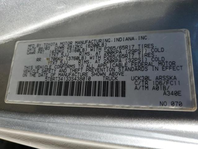 5TBRT34133S438010 - 2003 TOYOTA TUNDRA ACCESS CAB SR5 SILVER photo 13