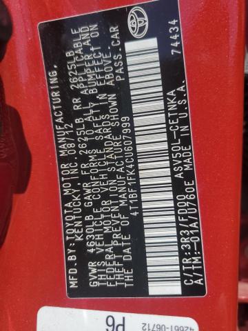 4T1BF1FK4CU607999 - 2012 TOYOTA CAMRY BASE RED photo 12