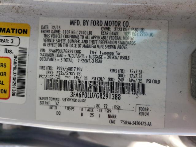 3FA6P0LU7GR291388 - 2016 FORD FUSION SE HYBRID WHITE photo 12