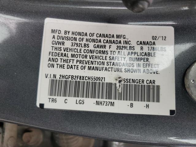 2HGFB2F8XCH550921 - 2012 HONDA CIVIC EX Szary zdjęcie 13