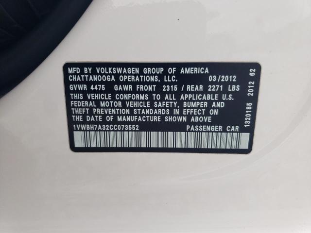 1VWBH7A32CC073552 - 2012 VOLKSWAGEN PASSAT SE WHITE photo 12