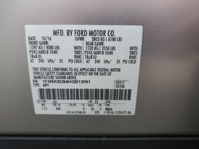 1FM5K8D84HGB13091 - 2017 FORD EXPLORER XLT SILVER photo 13