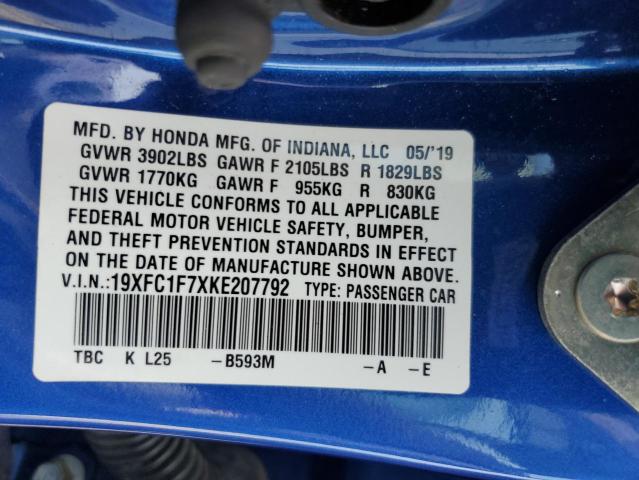 19XFC1F7XKE207792 - 2019 HONDA CIVIC EXL 蓝色 照片 12