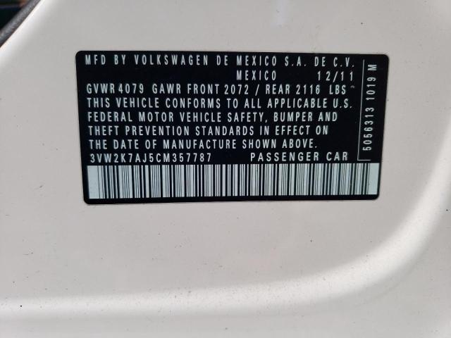 3VW2K7AJ5CM357787 - 2012 VOLKSWAGEN JETTA BASE 白色 照片 12