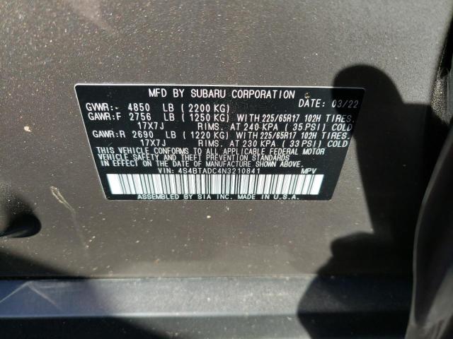 4S4BTADC4N3210841 - 2022 SUBARU OUTBACK PREMIUM GRAY photo 13