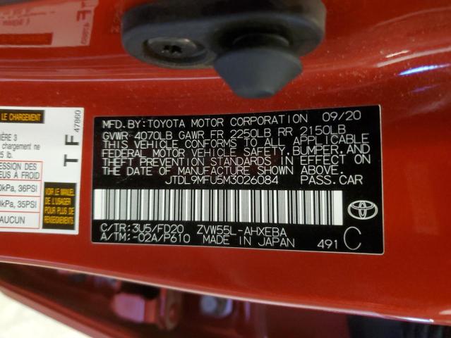 JTDL9MFU5M3026084 - 2021 TOYOTA PRIUS LE RED photo 12