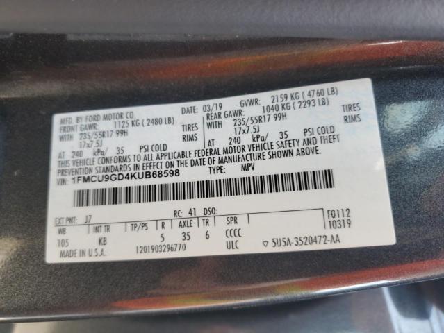 1FMCU9GD4KUB68598 - 2019 FORD ESCAPE SE GRAY photo 14
