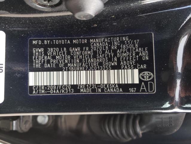 2T1BURHE7JC013255 - 2018 TOYOTA COROLLA L 黑色 照片 12