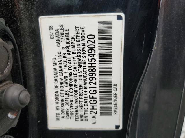 2HGFG12998H549020 - 2008 HONDA CIVIC EXL BLACK photo 12