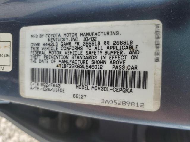 4T1BF32K63U546012 - 2003 TOYOTA CAMRY LE BLUE photo 12