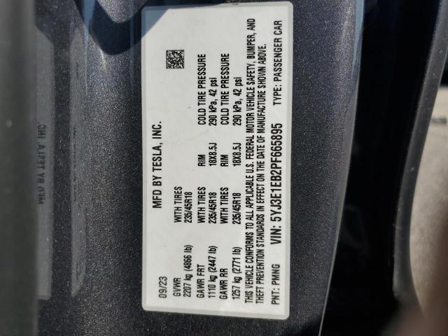 5YJ3E1EB2PF665895 - 2023 TESLA MODEL 3 Gris photo 12