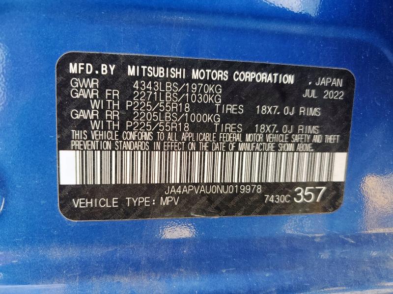 JA4APVAU0NU019978 - 2022 MITSUBISHI OUTLANDER SE Mavi foto 13