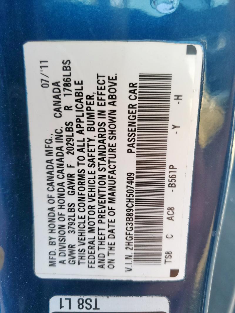 2HGFG3B89CH507409 - 2012 HONDA CIVIC EX BLUE photo 13