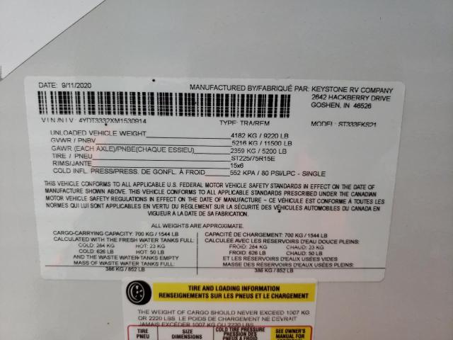 4YDT3332XM1530914 - 2021 KEYSTONE SPRINTER WHITE photo 10