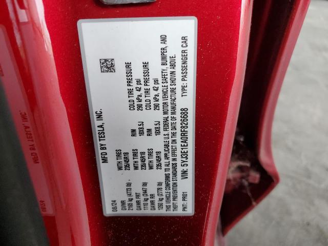5YJ3E1EA0RF826688 - 2024 TESLA MODEL 3 წითელი ფოტო 12