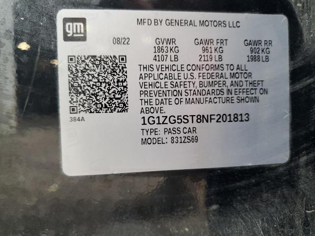 1G1ZG5ST8NF201813 - 2022 CHEVROLET MALIBU RS შავი ფოტო 12