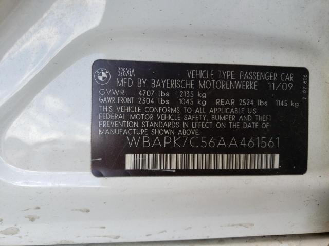 WBAPK7C56AA461561 - 2010 BMW 328 XI WHITE photo 12