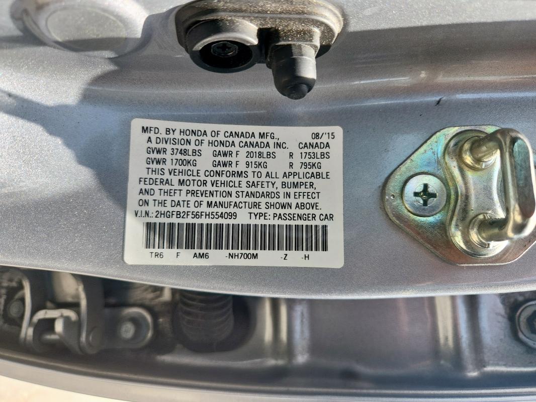 2HGFB2F56FH554099 - 2015 HONDA CIVIC LX SILVER photo 13