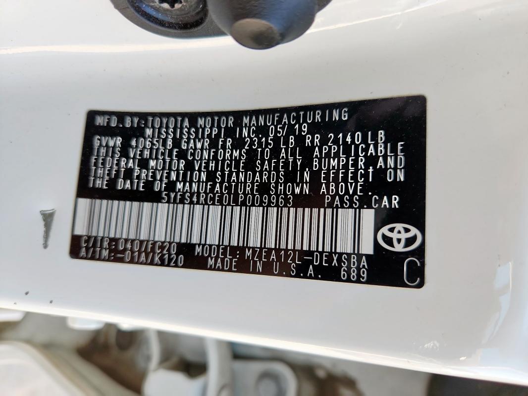 5YFS4RCE0LP009963 - 2020 TOYOTA COROLLA SE თეთრი ფოტო 12