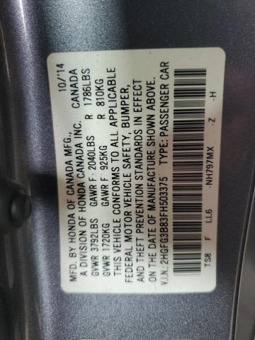 2HGFG3B83FH503375 - 2015 HONDA CIVIC EX GRAY photo 12