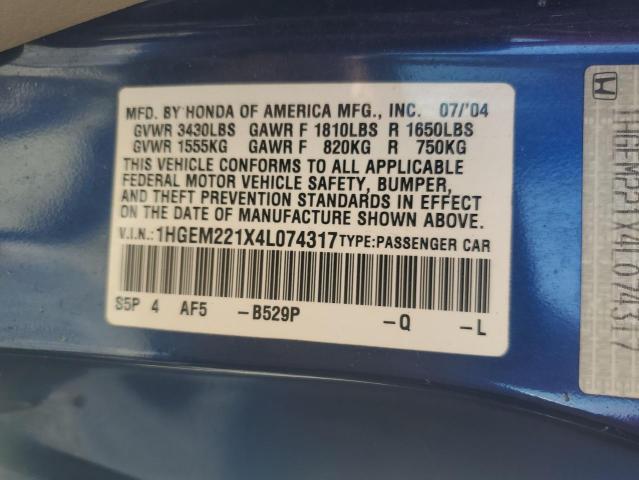 1HGEM221X4L074317 - 2004 HONDA CIVIC DX VP Mavi foto 12