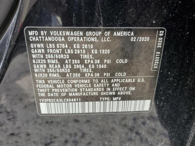 1V2FR2CA3LC504611 - 2020 VOLKSWAGEN ATLAS SE BLACK photo 13