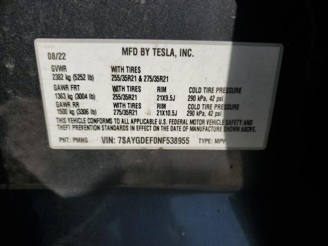 7SAYGDEF0NF538955 - 2022 TESLA MODEL Y GRAY photo 13