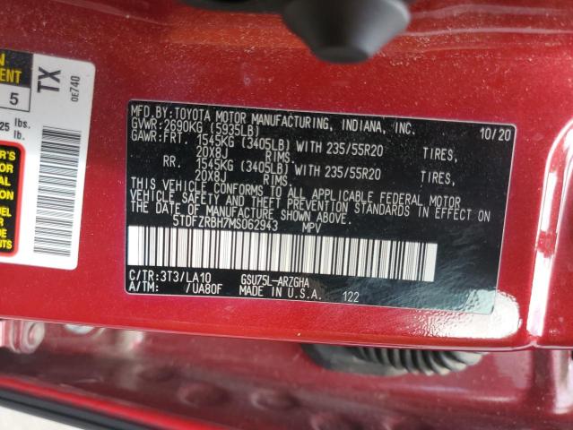 5TDFZRBH7MS062943 - 2021 TOYOTA HIGHLANDER PLATINUM RED photo 13