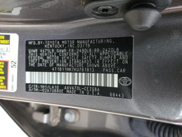 4T1B11HK7KU761813 - 2019 TOYOTA CAMRY L GRAY photo 12