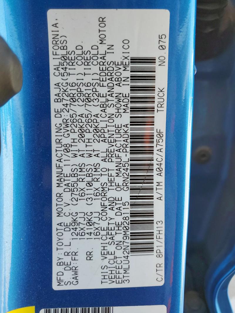 3TMLU42N79M028115 - 2009 TOYOTA TACOMA DOUBLE CAB BLUE photo 12