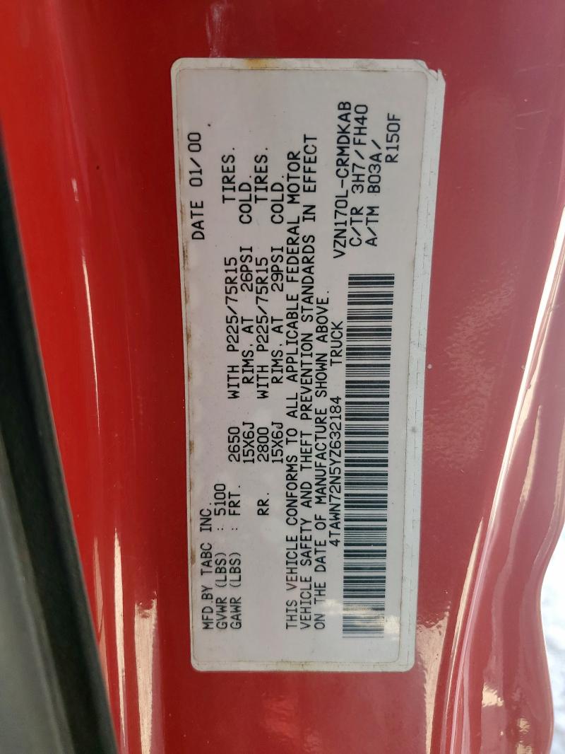 4TAWN72N5YZ632184 - 2000 TOYOTA TACOMA XTRACAB RED photo 12