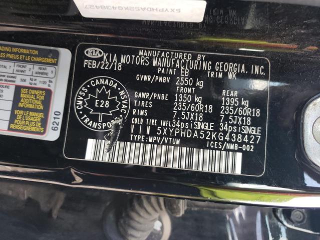 5XYPHDA52KG438427 - 2019 KIA SORENTO EX BLACK photo 13