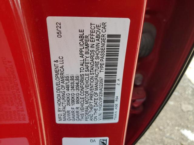 1HGCV3F23NA022697 - 2022 HONDA ACCORD HYBRID SPORT RED photo 12