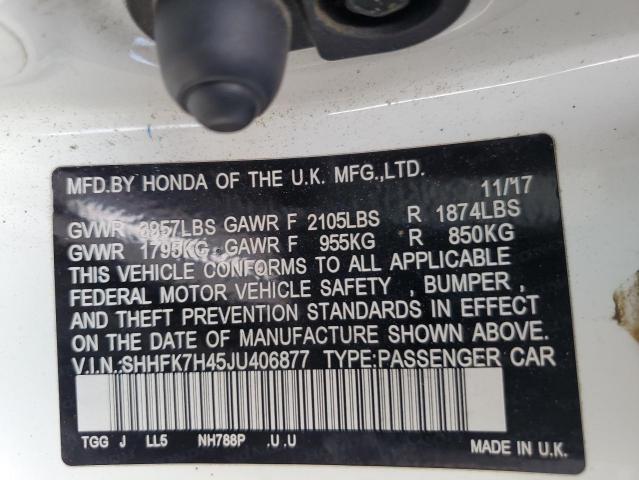 SHHFK7H45JU406877 - 2018 HONDA CIVIC SPORT WHITE photo 12