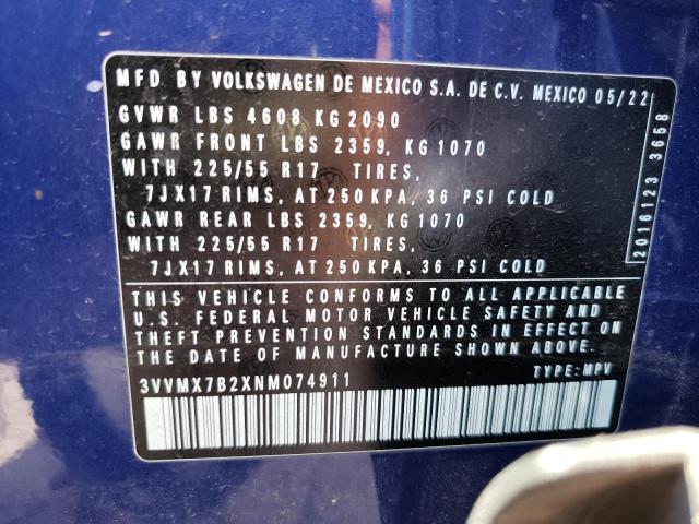 3VVMX7B2XNM074911 - 2022 VOLKSWAGEN TAOS S BLUE photo 12