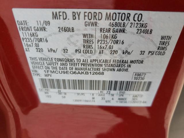 1FMCU9EG6AKB12668 - 2010 FORD ESCAPE LIMITED RED photo 12