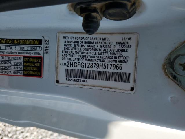 2HGFG12879H517966 - 2009 HONDA CIVIC EX თეთრი ფოტო 12