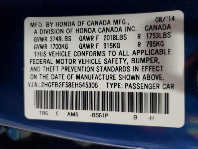 2HGFB2F58EH545306 - 2014 HONDA CIVIC LX BLUE photo 12