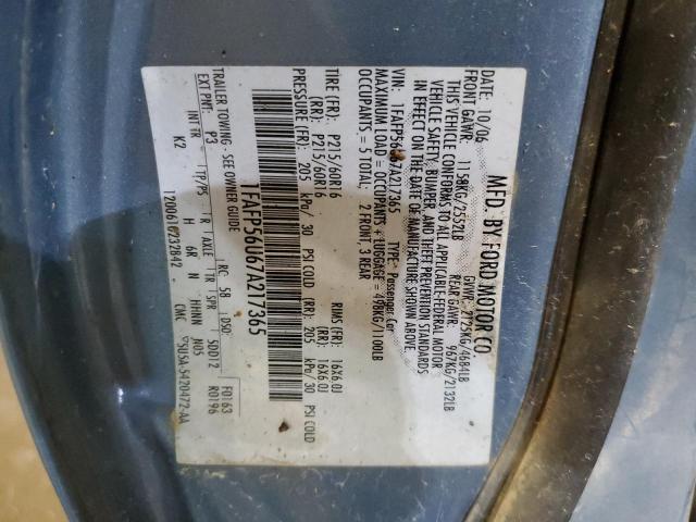 1FAFP56U67A217365 - 2007 FORD TAURUS SEL BLUE photo 12