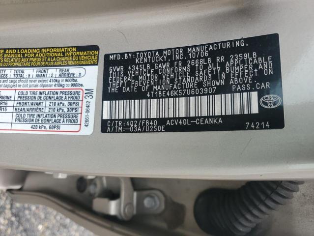 4T1BE46K57U603907 - 2007 TOYOTA CAMRY CE GOLD photo 12