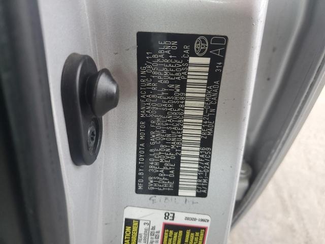 2T1BU4EE2BC678489 - 2011 TOYOTA COROLLA BASE SILVER photo 12